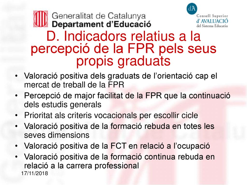 D. Indicadors relatius a la percepció de la FPR pels seus propis graduats