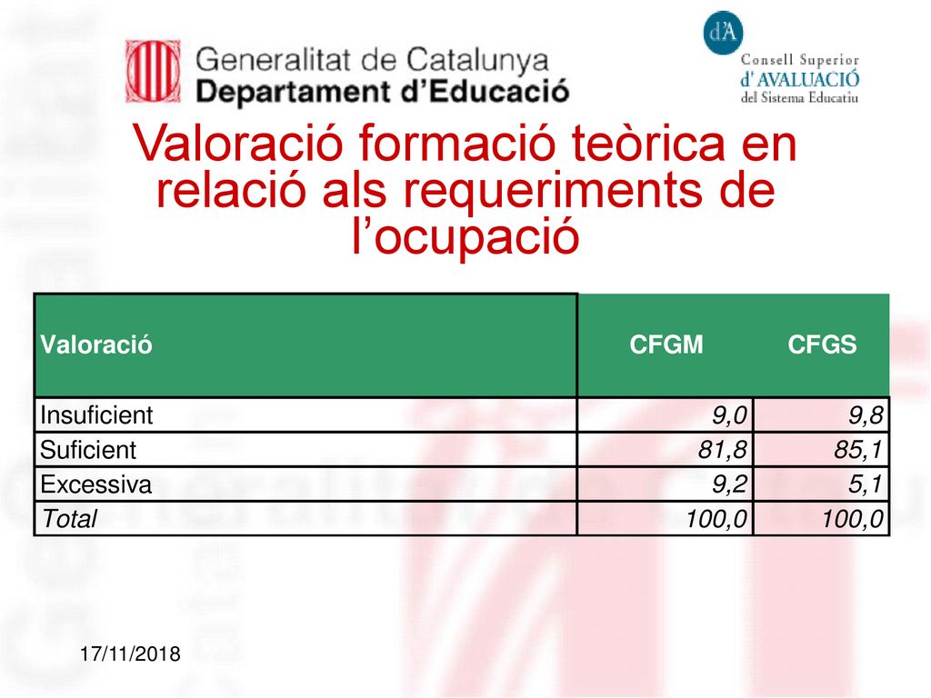 Valoració formació teòrica en relació als requeriments de l’ocupació