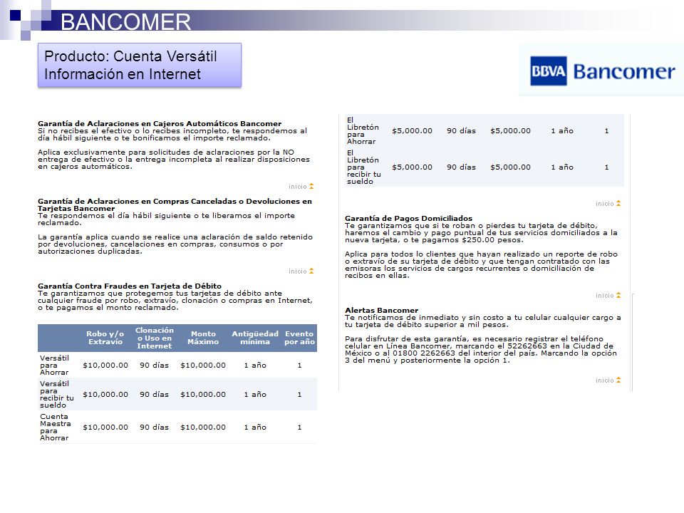 BANCOMER Producto: Cuenta Versátil Información en Internet