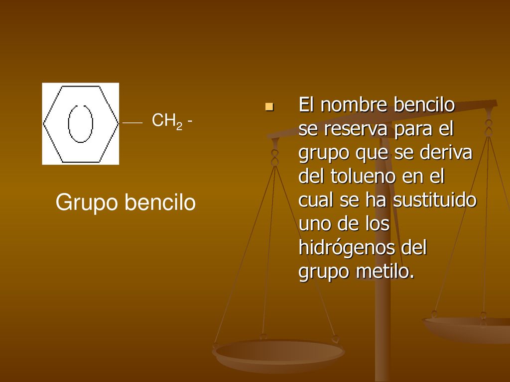 El nombre bencilo se reserva para el grupo que se deriva del tolueno en el cual se ha sustituido uno de los hidrógenos del grupo metilo.