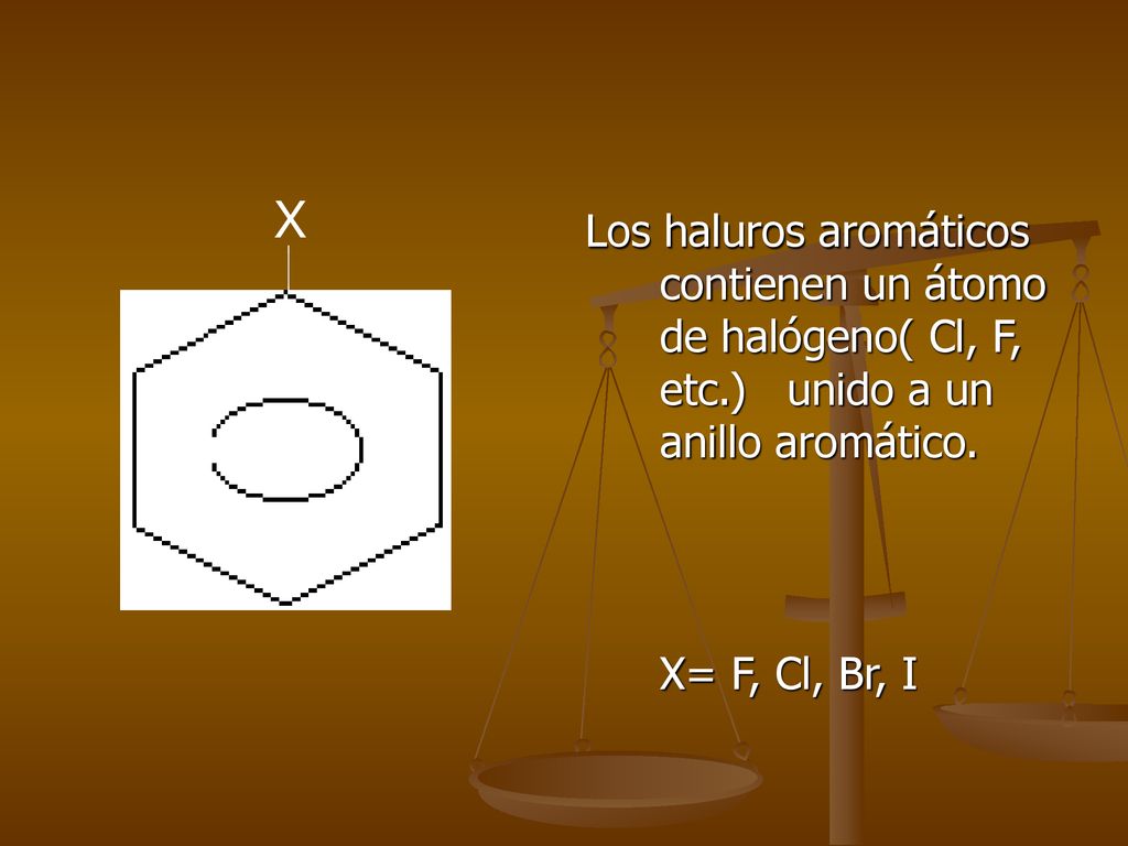 X Los haluros aromáticos contienen un átomo de halógeno( Cl, F, etc.) unido a un anillo aromático.
