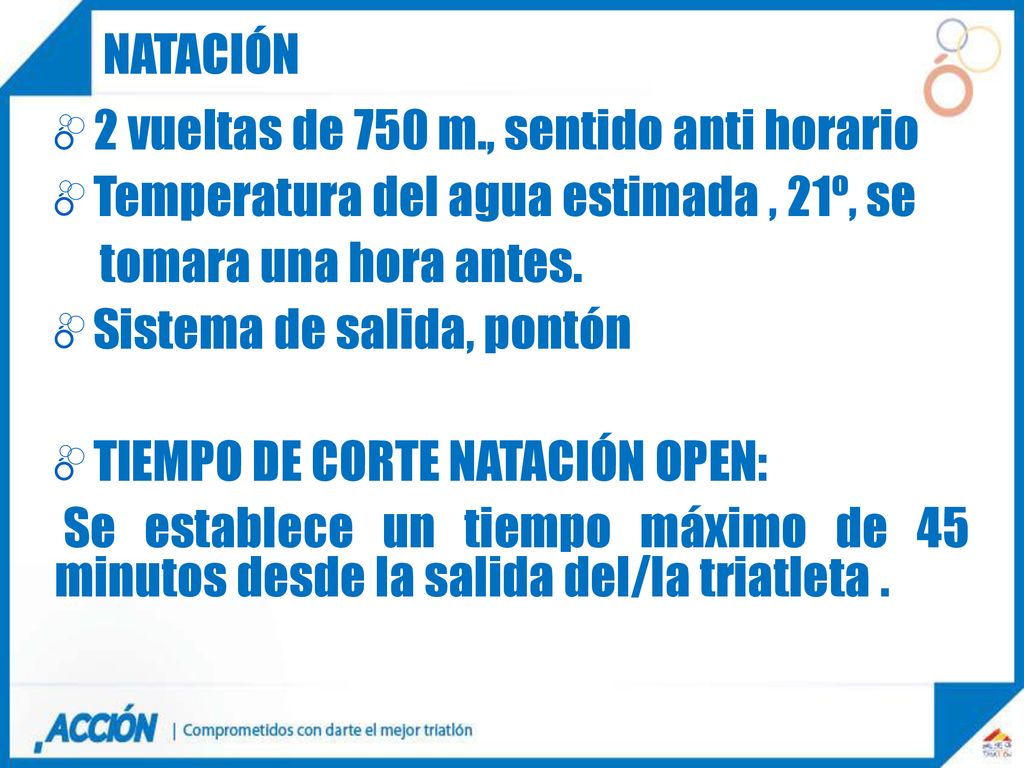 natación 2 vueltas de 750 m., sentido anti horario. Temperatura del agua estimada , 21º, se. tomara una hora antes.