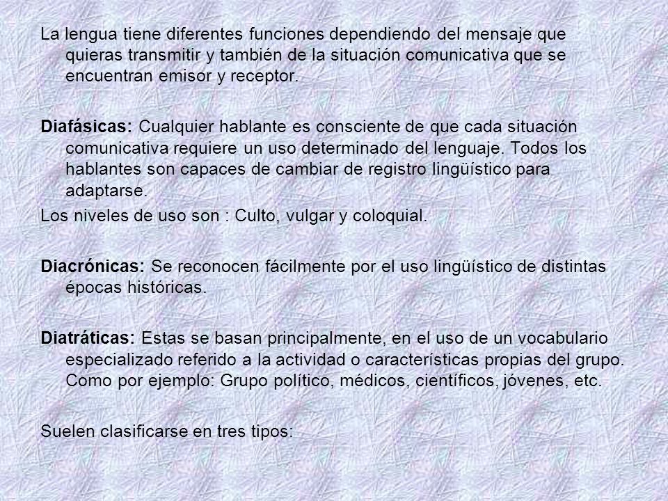 La lengua tiene diferentes funciones dependiendo del mensaje que quieras transmitir y también de la situación comunicativa que se encuentran emisor y receptor.
