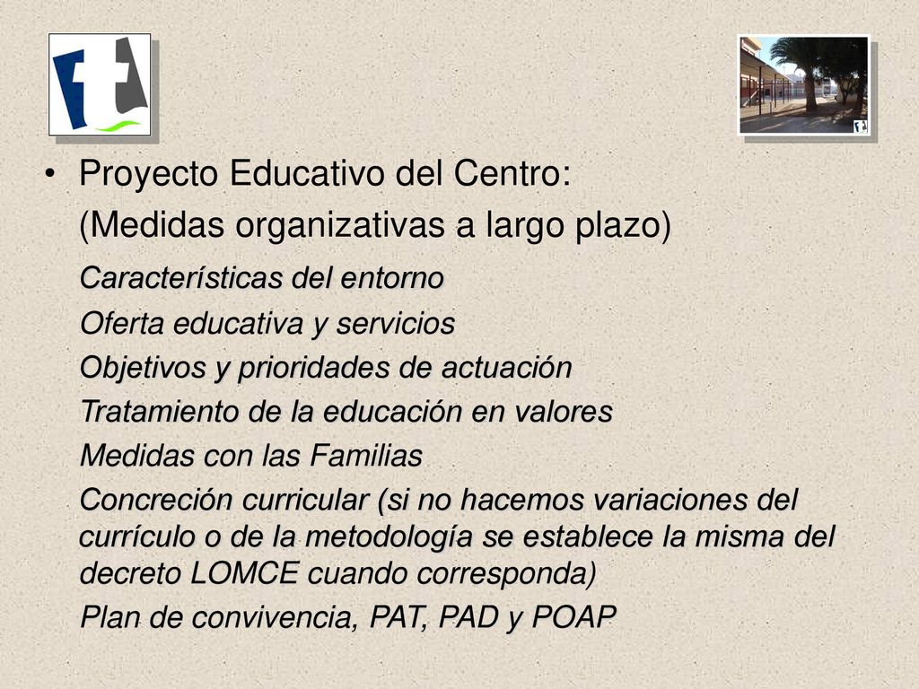 Proyecto Educativo del Centro: (Medidas organizativas a largo plazo)