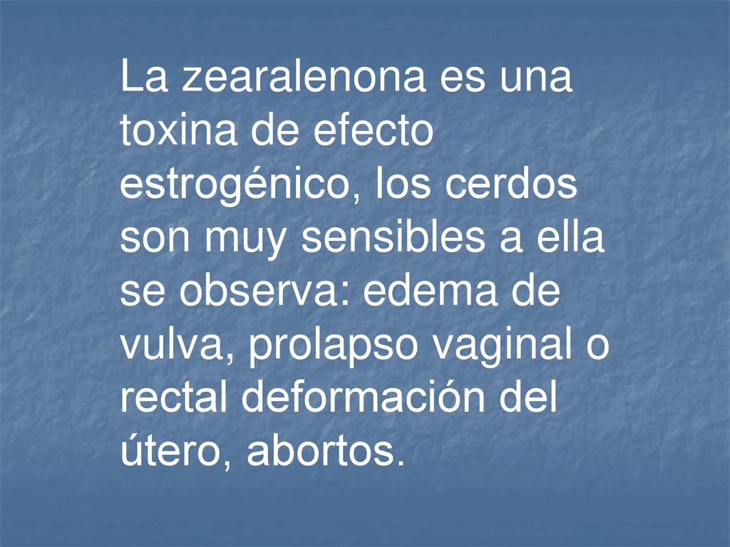 La zearalenona es una toxina de efecto estrogénico, los cerdos son muy sensibles a ella se observa: edema de vulva, prolapso vaginal o rectal deformación del útero, abortos.