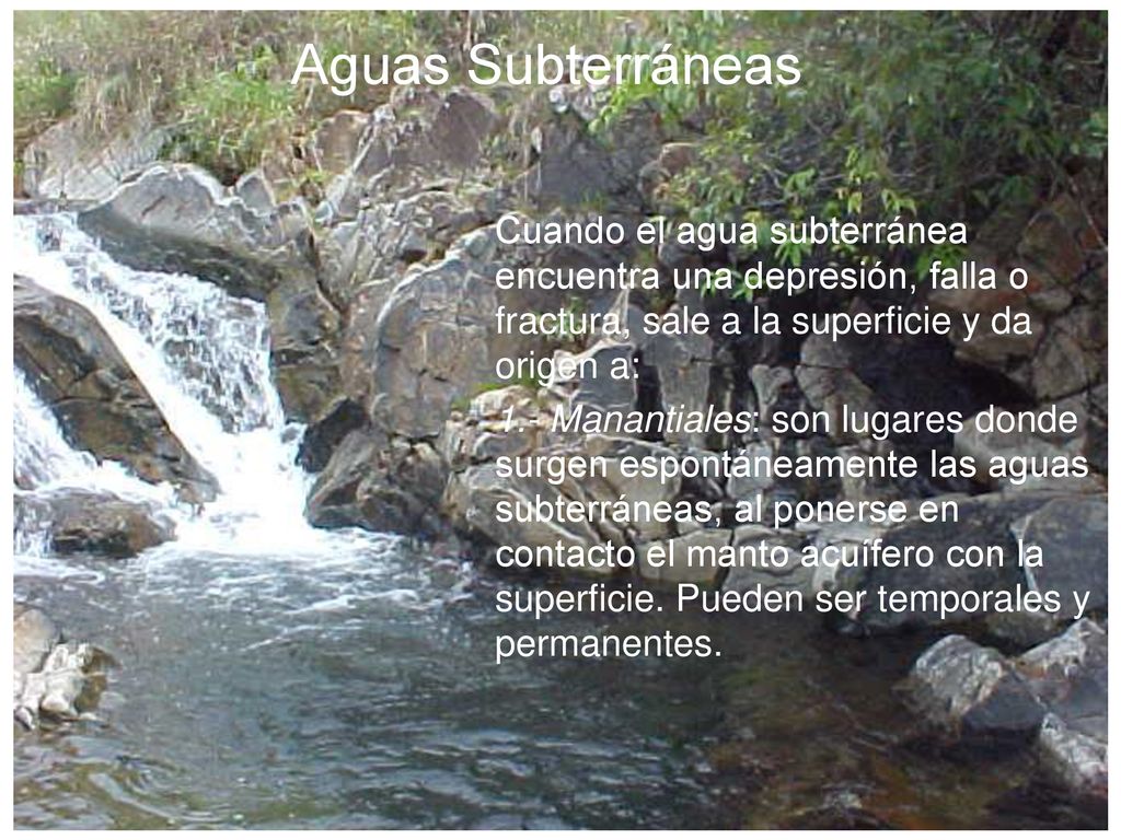Aguas Subterráneas Cuando el agua subterránea encuentra una depresión, falla o fractura, sale a la superficie y da origen a: