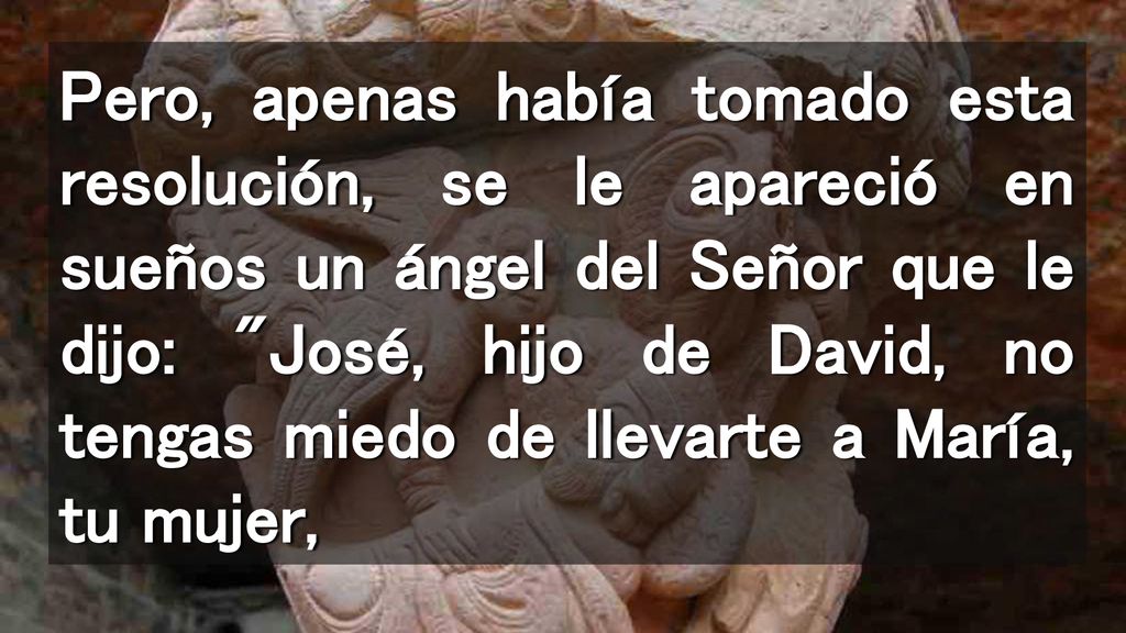 Pero, apenas había tomado esta resolución, se le apareció en sueños un ángel del Señor que le dijo: José, hijo de David, no tengas miedo de llevarte a María, tu mujer,
