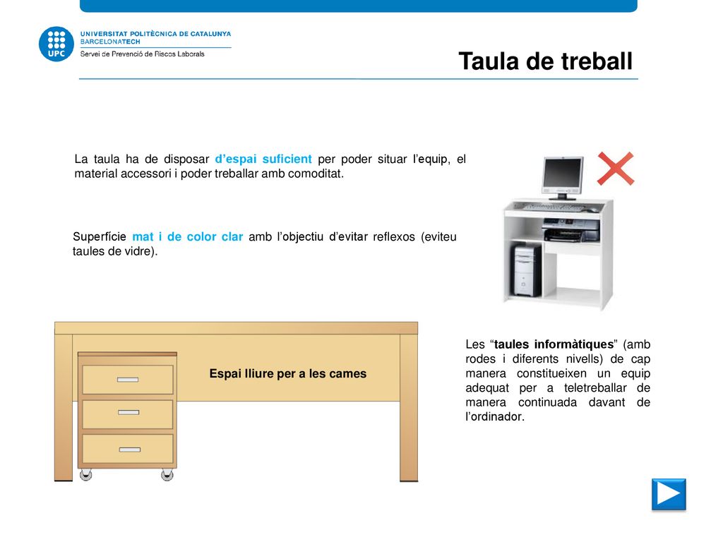 Taula de treball La taula ha de disposar d’espai suficient per poder situar l’equip, el material accessori i poder treballar amb comoditat.