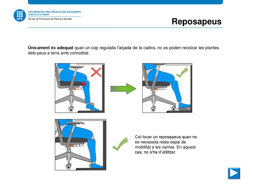 Reposapeus Únicament és adequat quan un cop regulada l’alçada de la cadira, no es poden recolzar les plantes dels peus a terra amb comoditat.
