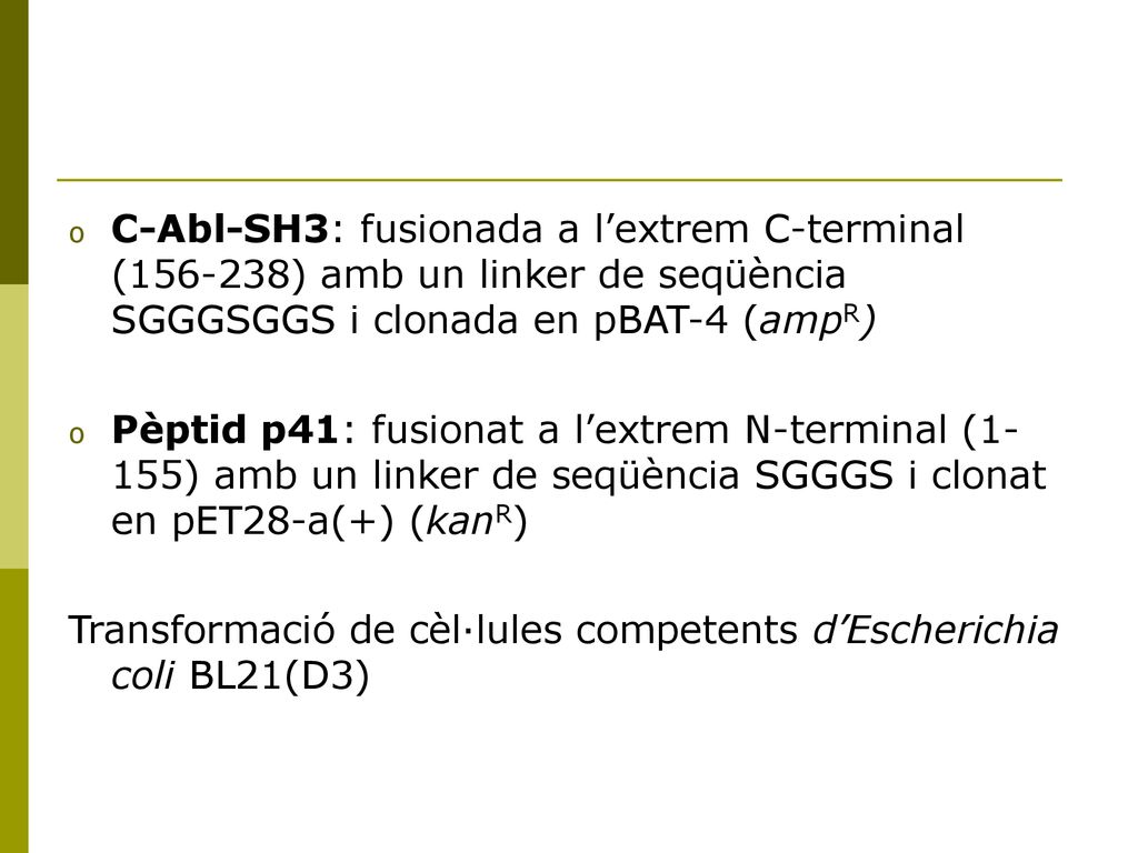 C-Abl-SH3: fusionada a l’extrem C-terminal ( ) amb un linker de seqüència SGGGSGGS i clonada en pBAT-4 (ampR)