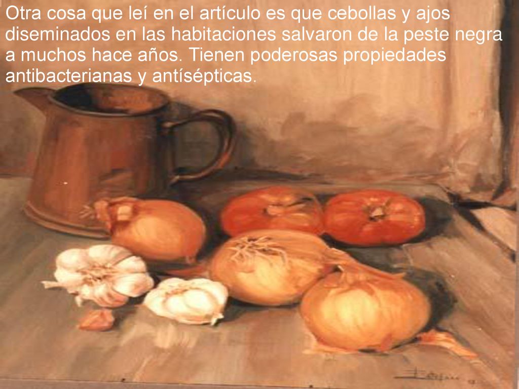 Otra cosa que leí en el artículo es que cebollas y ajos diseminados en las habitaciones salvaron de la peste negra a muchos hace años.