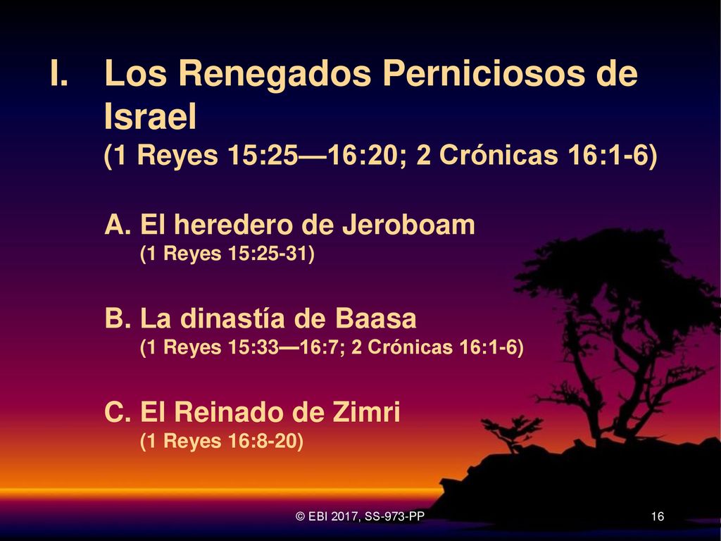I. Los Renegados Perniciosos de Israel (1 Reyes 15:25—16:20; 2 Crónicas 16:1-6)
