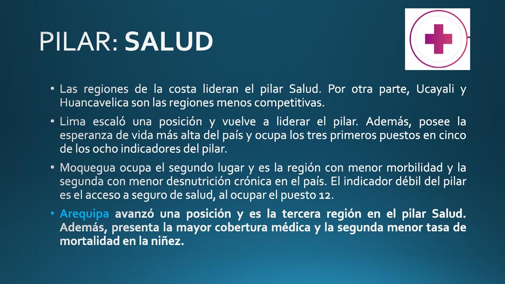 PILAR: SALUD Las regiones de la costa lideran el pilar Salud. Por otra parte, Ucayali y Huancavelica son las regiones menos competitivas.