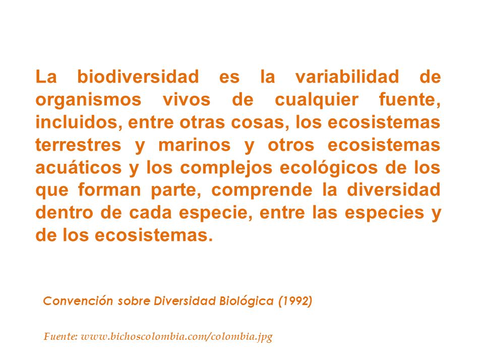La biodiversidad es la variabilidad de organismos vivos de cualquier fuente, incluidos, entre otras cosas, los ecosistemas terrestres y marinos y otros ecosistemas acuáticos y los complejos ecológicos de los que forman parte, comprende la diversidad dentro de cada especie, entre las especies y de los ecosistemas.