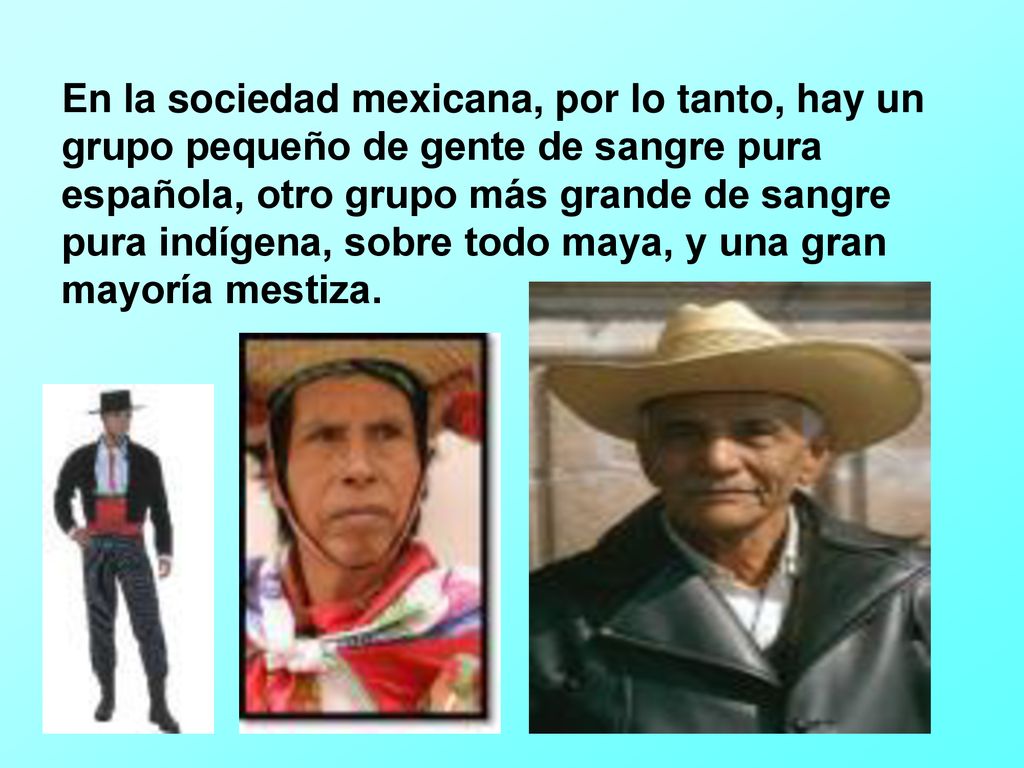 En la sociedad mexicana, por lo tanto, hay un grupo pequeño de gente de sangre pura española, otro grupo más grande de sangre pura indígena, sobre todo maya, y una gran mayoría mestiza.