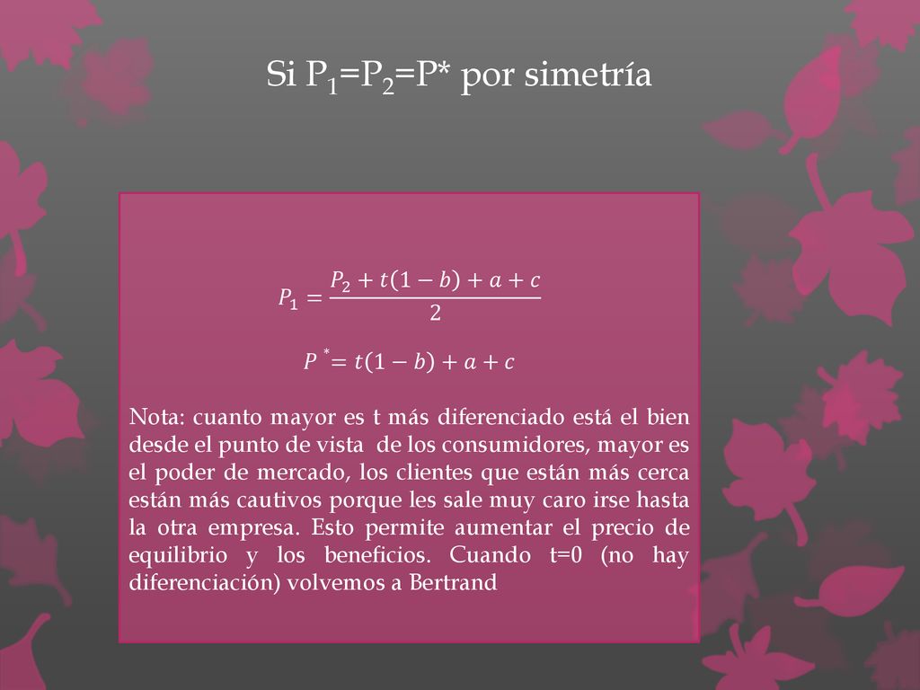Si P1=P2=P* por simetría 𝑃 1 = 𝑃 2 +𝑡 1−𝑏 +𝑎+𝑐 2 𝑃∗=𝑡 1−𝑏 +𝑎+𝑐