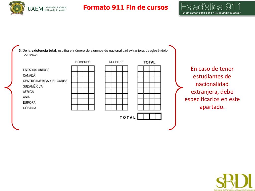 Formato 911 Fin de cursos En caso de tener estudiantes de nacionalidad extranjera, debe especificarlos en este apartado.