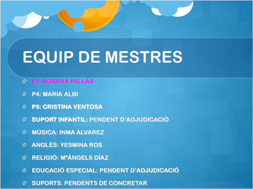 EQUIP DE MESTRES P3: ROSANA PALLÀS P4: MARIA ALBI P5: CRISTINA VENTOSA