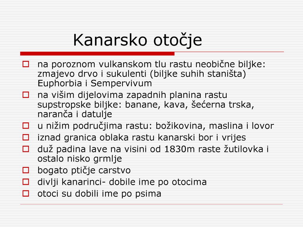Kanarsko otočje na poroznom vulkanskom tlu rastu neobične biljke: zmajevo drvo i sukulenti (biljke suhih staništa) Euphorbia i Sempervivum.