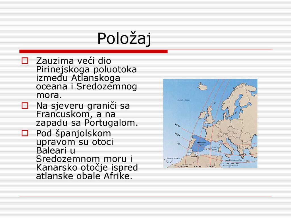 Položaj Zauzima veći dio Pirinejskoga poluotoka između Atlanskoga oceana i Sredozemnog mora.