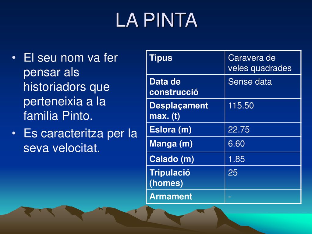 LA PINTA El seu nom va fer pensar als historiadors que perteneixia a la familia Pinto. Es caracteritza per la seva velocitat.