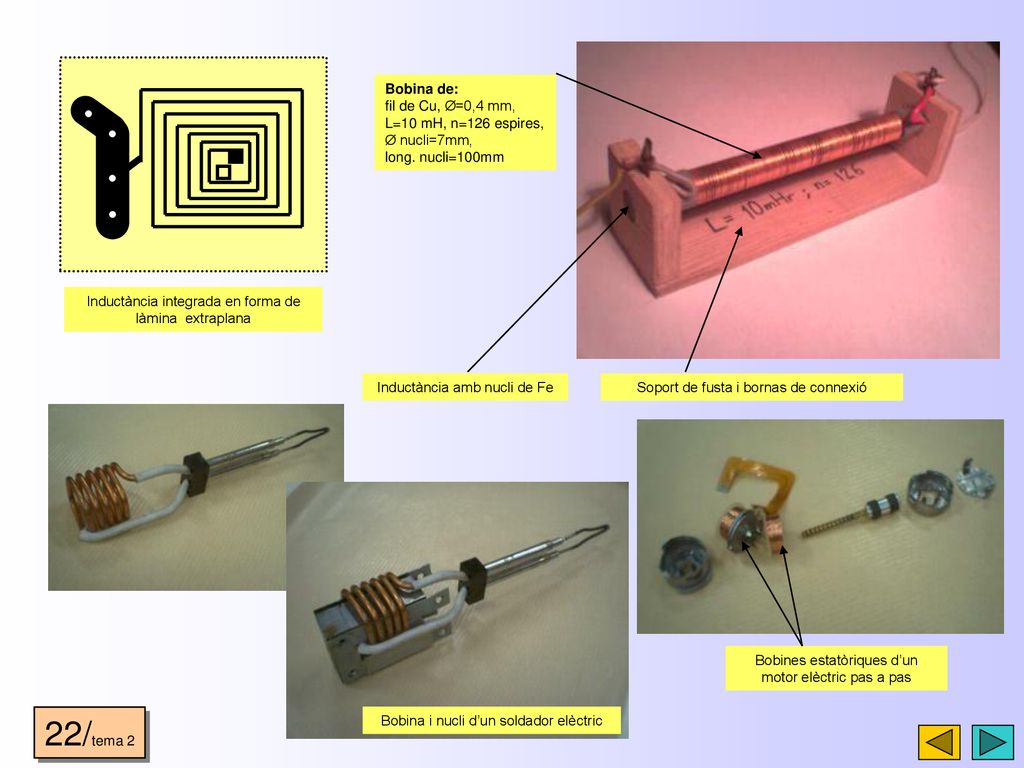 22/tema 2 Inductància amb nucli de Fe Bobina de: fil de Cu, Ø=0,4 mm,