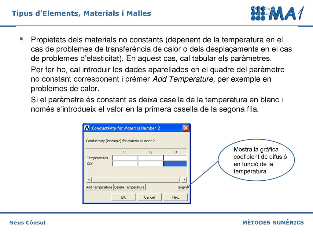 Propietats dels materials no constants (depenent de la temperatura en el cas de problemes de transferència de calor o dels desplaçaments en el cas de problemes d’elasticitat). En aquest cas, cal tabular els paràmetres.