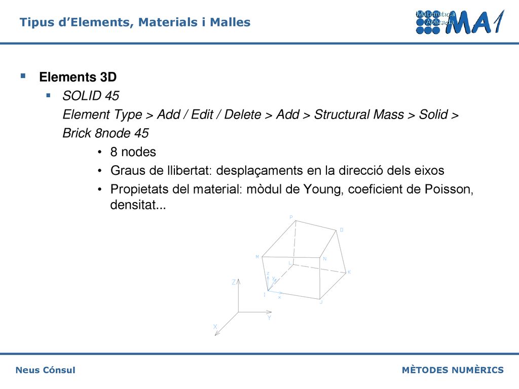 Elements 3D SOLID 45. Element Type > Add / Edit / Delete > Add > Structural Mass > Solid > Brick 8node 45.