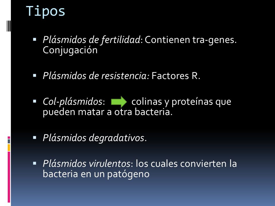 Tipos Plásmidos de fertilidad: Contienen tra-genes. Conjugación