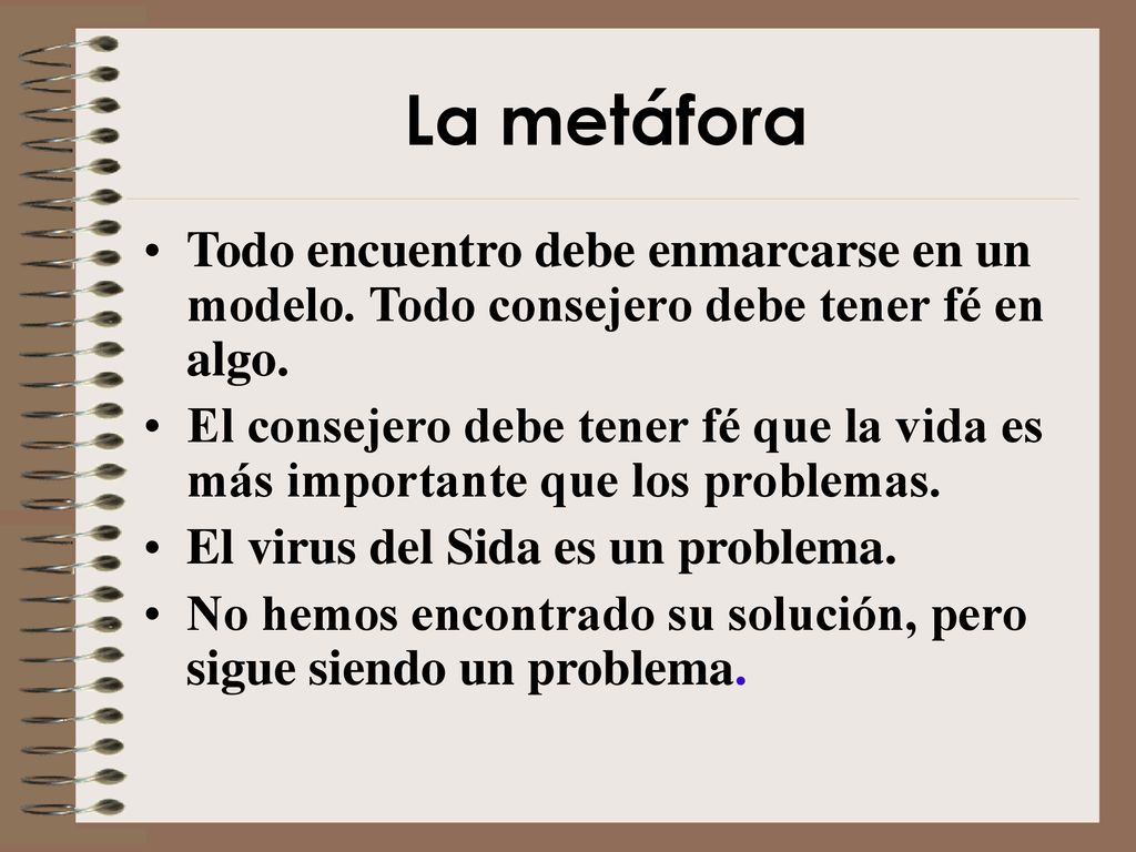 La metáfora Todo encuentro debe enmarcarse en un modelo. Todo consejero debe tener fé en algo.
