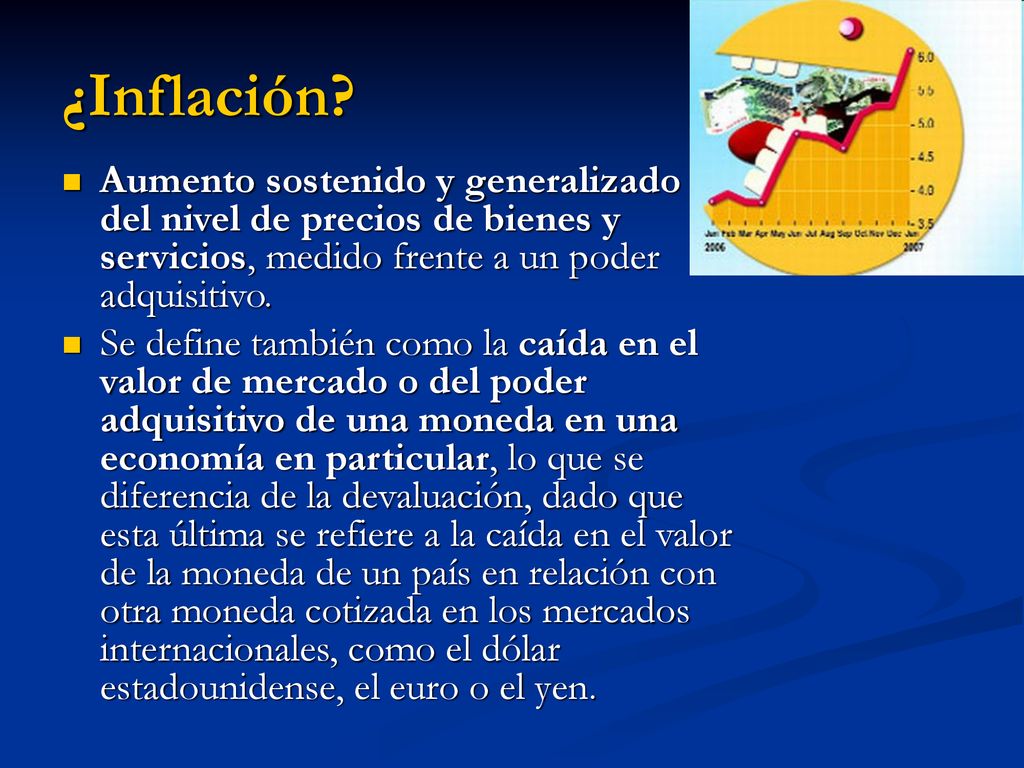 ¿Inflación Aumento sostenido y generalizado del nivel de precios de bienes y servicios, medido frente a un poder adquisitivo.