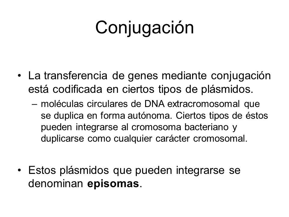 Conjugación La transferencia de genes mediante conjugación está codificada en ciertos tipos de plásmidos.
