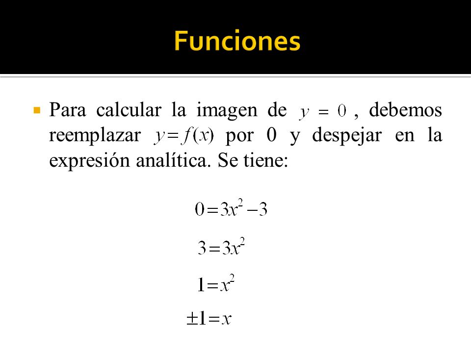 Funciones Para calcular la imagen de , debemos reemplazar por 0 y despejar en la expresión analítica.