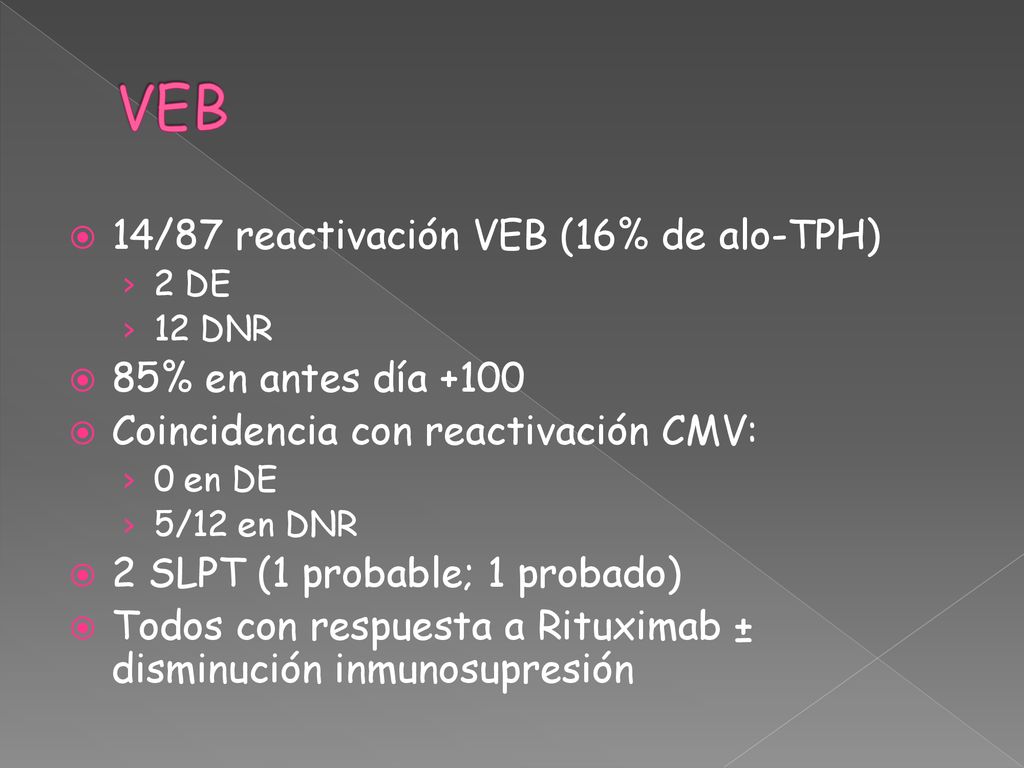 VEB 14/87 reactivación VEB (16% de alo-TPH) 85% en antes día +100