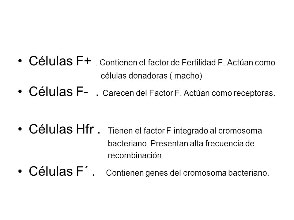 Células F+ . Contienen el factor de Fertilidad F. Actúan como