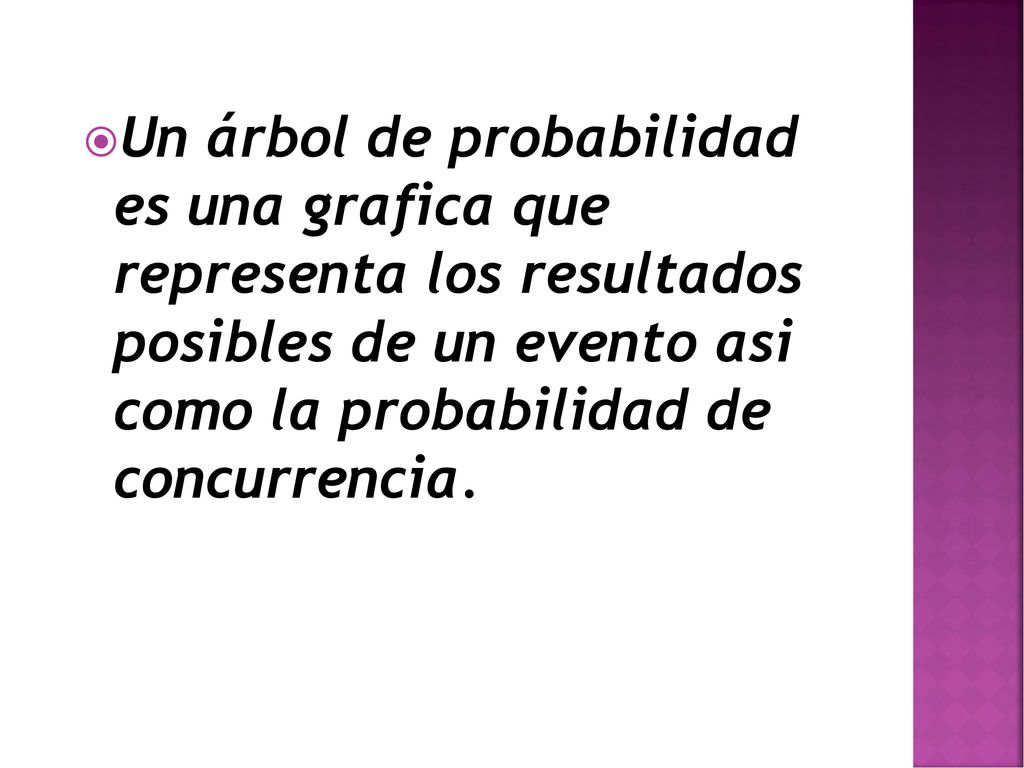 Un árbol de probabilidad es una grafica que representa los resultados posibles de un evento asi como la probabilidad de concurrencia.