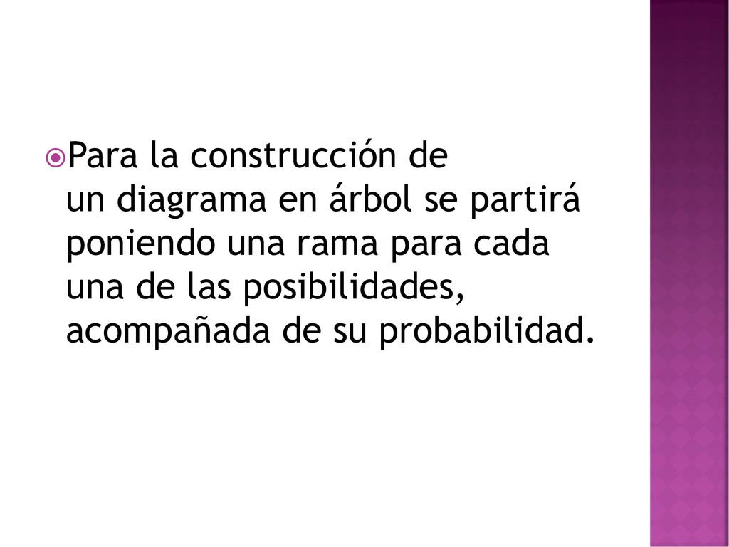 Para la construcción de un diagrama en árbol se partirá poniendo una rama para cada una de las posibilidades, acompañada de su probabilidad.