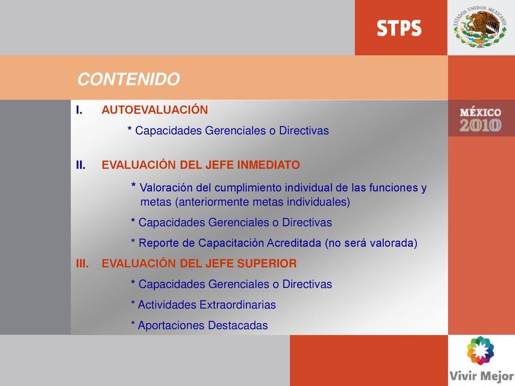 CONTENIDO I. AUTOEVALUACIÓN. * Capacidades Gerenciales o Directivas. II. EVALUACIÓN DEL JEFE INMEDIATO.
