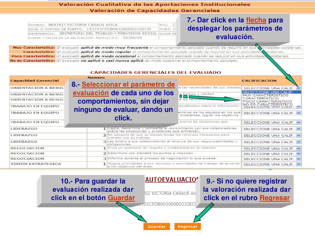 7.- Dar click en la flecha para desplegar los parámetros de evaluación.