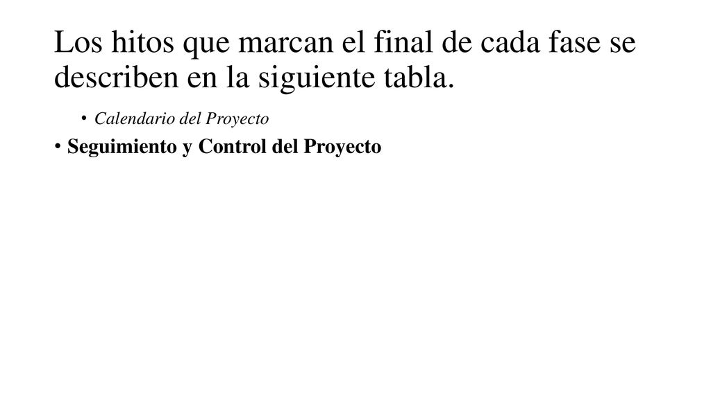 Los hitos que marcan el final de cada fase se describen en la siguiente tabla.
