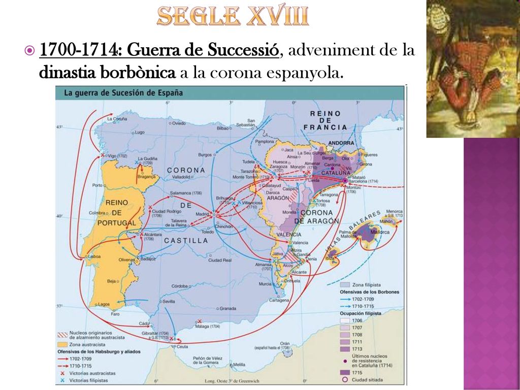 SEGLE XVIII : Guerra de Successió, adveniment de la dinastia borbònica a la corona espanyola.