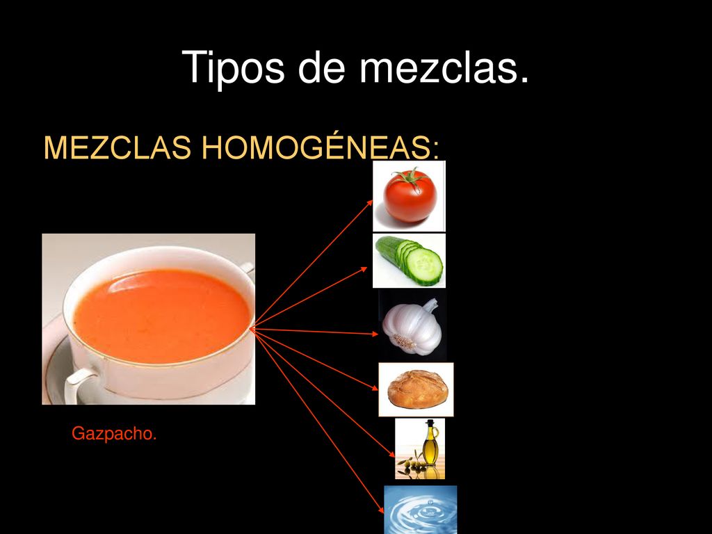 Tipos de mezclas. MEZCLAS HOMOGÉNEAS: Gazpacho.