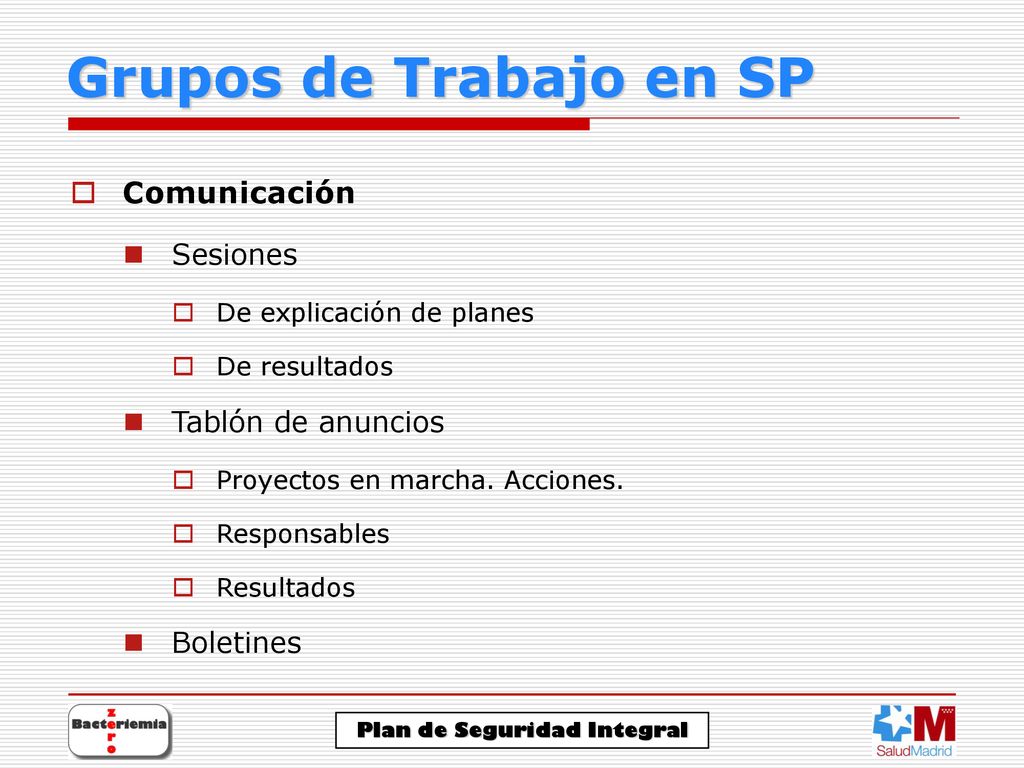 Grupos de Trabajo en SP Comunicación Sesiones Tablón de anuncios