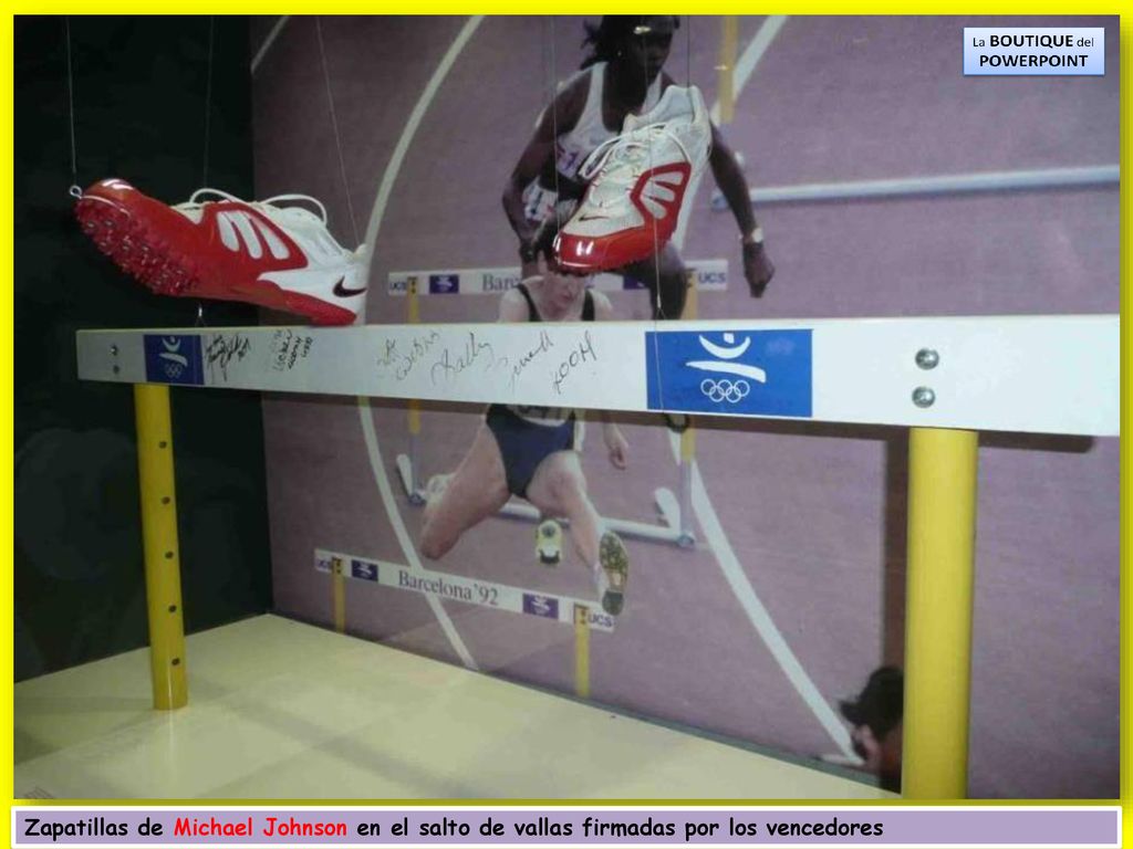 Zapatillas de Michael Johnson en el salto de vallas firmadas por los vencedores