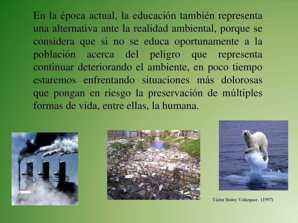 En la época actual, la educación también representa una alternativa ante la realidad ambiental, porque se considera que si no se educa oportunamente a la población acerca del peligro que representa continuar deteriorando el ambiente, en poco tiempo estaremos enfrentando situaciones más dolorosas que pongan en riesgo la preservación de múltiples formas de vida, entre ellas, la humana.