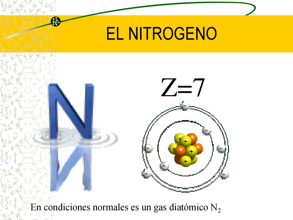 EL NITROGENO Z=7 En condiciones normales es un gas diatómico N2