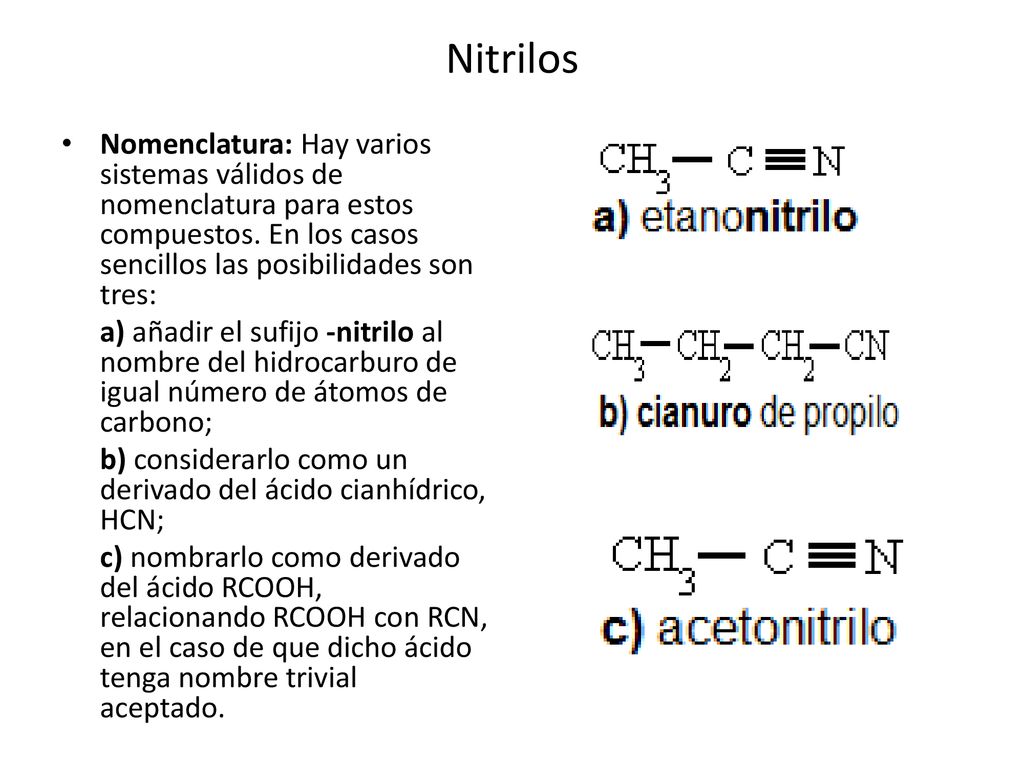Nitrilos Nomenclatura: Hay varios sistemas válidos de nomenclatura para estos compuestos. En los casos sencillos las posibilidades son tres: