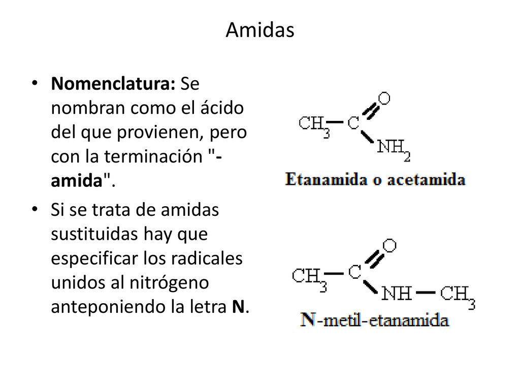 Amidas Nomenclatura: Se nombran como el ácido del que provienen, pero con la terminación -amida .