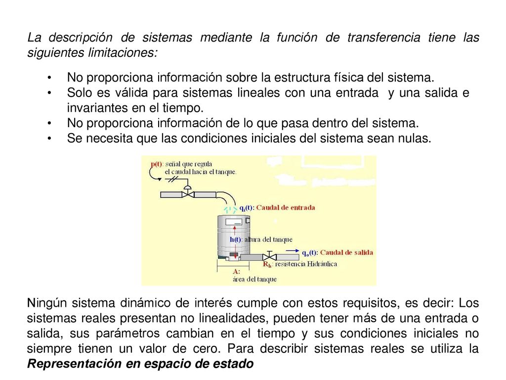 La descripción de sistemas mediante la función de transferencia tiene las siguientes limitaciones: