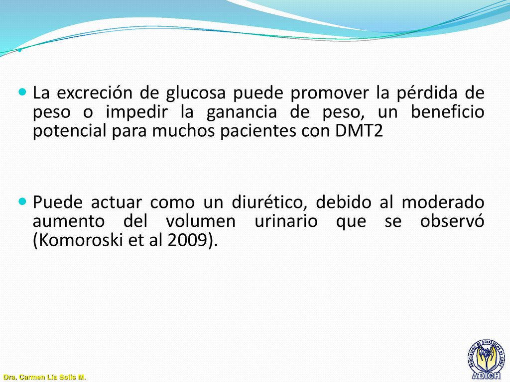 La excreción de glucosa puede promover la pérdida de peso o impedir la ganancia de peso, un beneficio potencial para muchos pacientes con DMT2